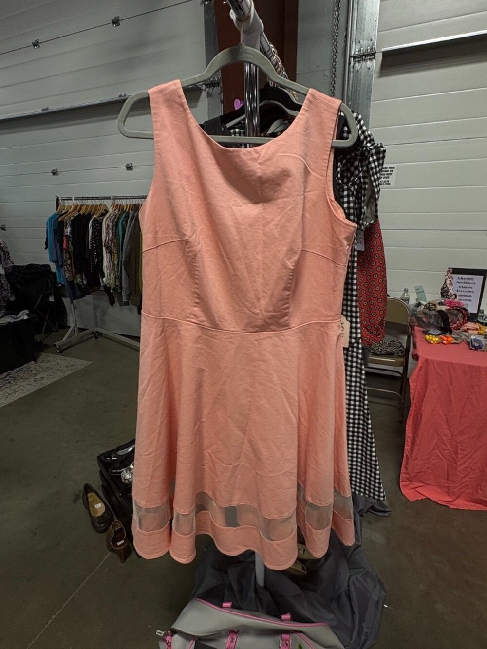 Coral Peach Fit & Flare Dress Sheer Illusion Hem Cutout Back